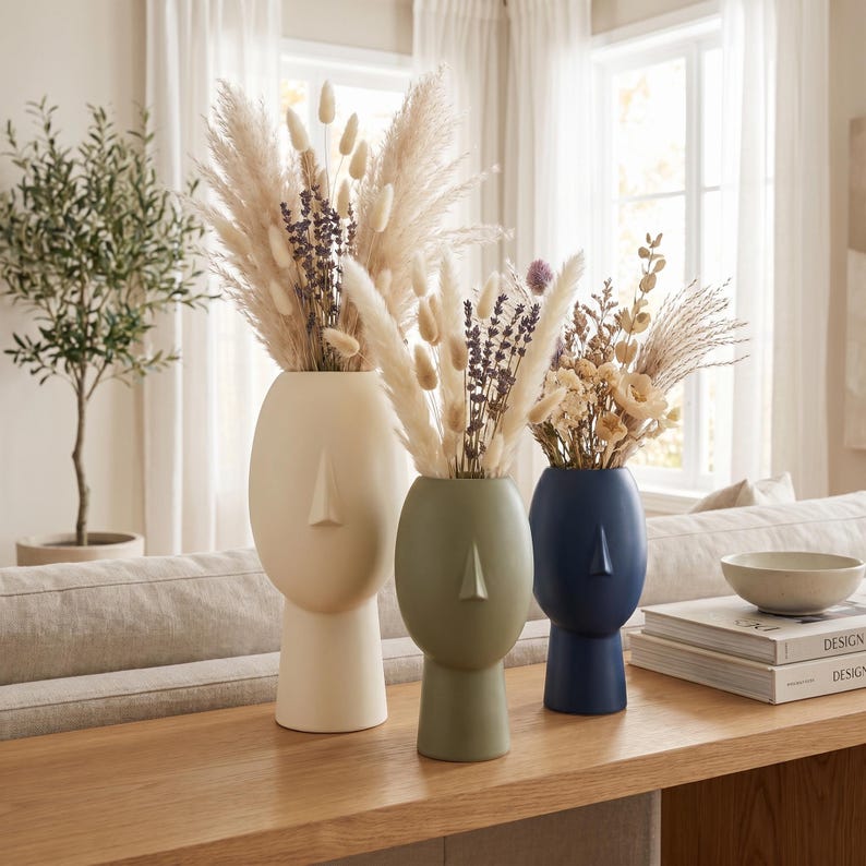 Vase visage décoratif 5 tailles | Vase sculptural imprimé 3D pour fleurs séchées