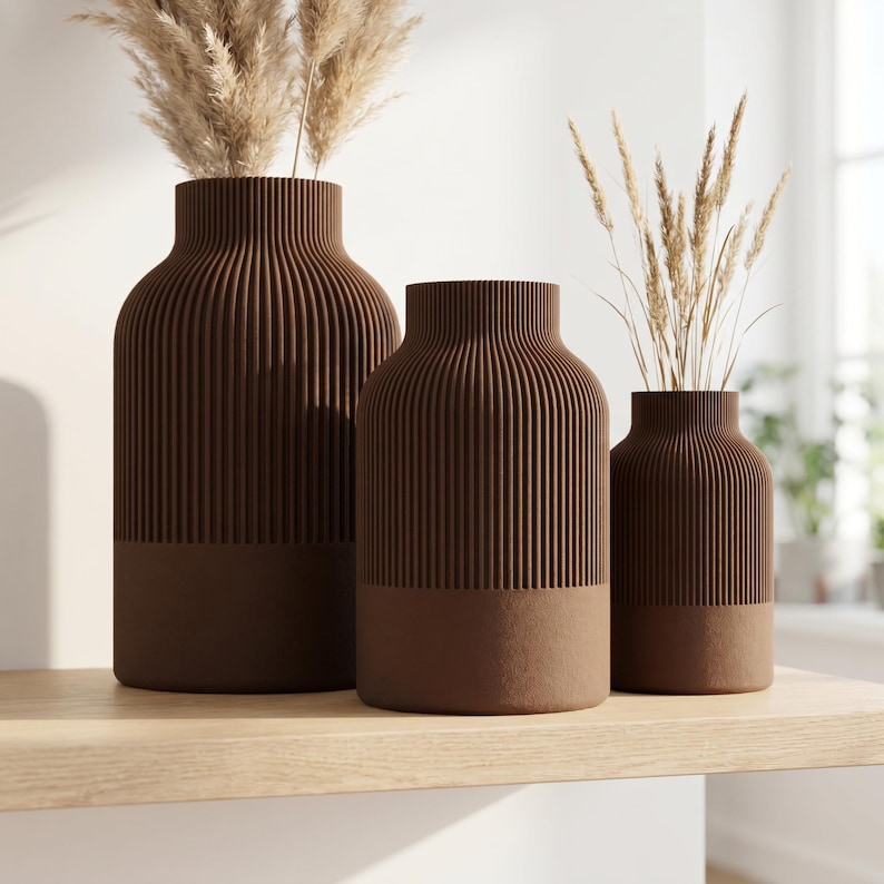 Vase côtelé 25-11 cm, impression 3D, fini mat velouté, pour fleurs séchées