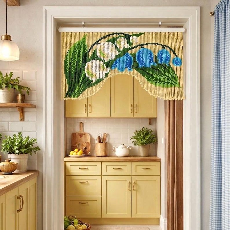 Rideau de perles bleu muguet 90 cm, séparateur de porte en bois floral, décoration murale bohème rétro