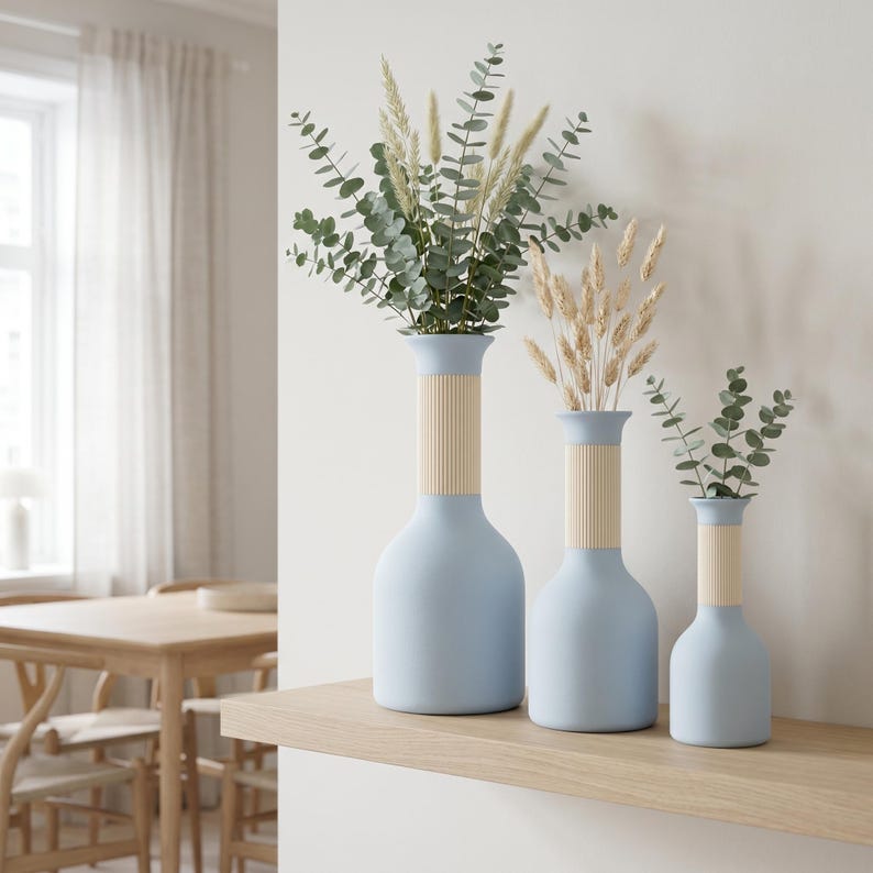 Vase carafe bicolore imprimé 3D, col côtelé, fini mat velouté, imperméable avec insert PETG, style bohème japonais, 24,5 cm