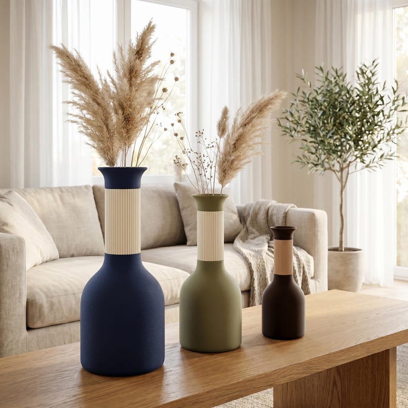 Vase carafe bicolore imprimé 3D, col côtelé, fini mat velouté, imperméable avec insert PETG, style bohème japonais, 24,5 cm