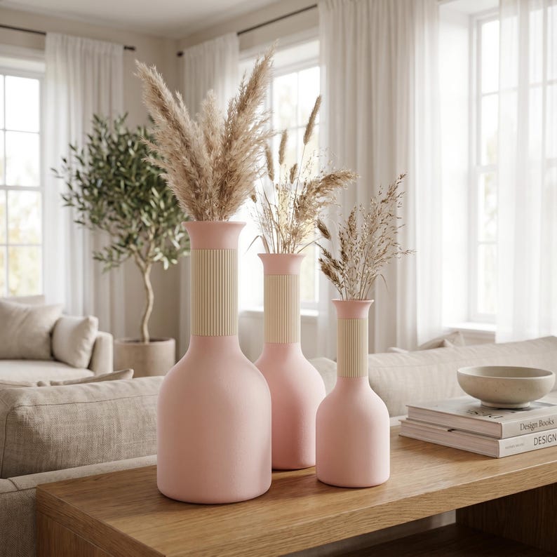 Vase carafe bicolore imprimé 3D, col côtelé, fini mat velouté, imperméable avec insert PETG, style bohème japonais, 24,5 cm