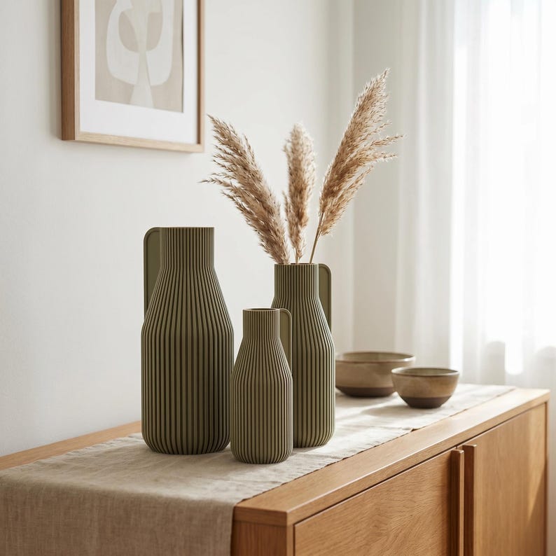 Vase minimaliste à rebord | Vase rainuré architectural pour fleurs séchées
