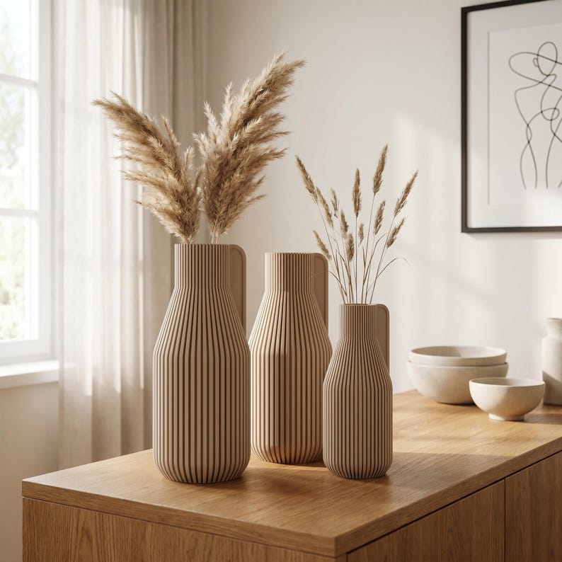 Vase minimaliste à rebord | Vase rainuré architectural pour fleurs séchées