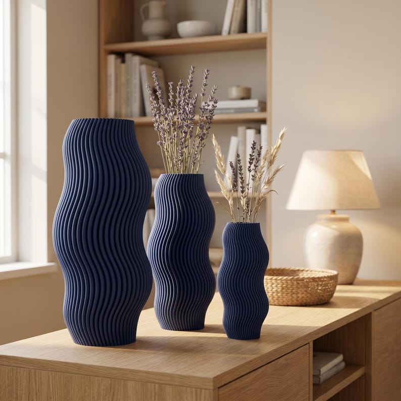 Vase Vague Moderne Texturé Ondulé pour Fleurs Séchées, Fait Main par Impression 3D, 5 Tailles