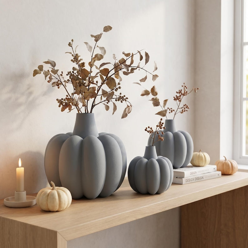 Vase Citrouille Côtelé Velouté pour Fleurs Séchées, Décoration Automne Halloween, Impression 3D