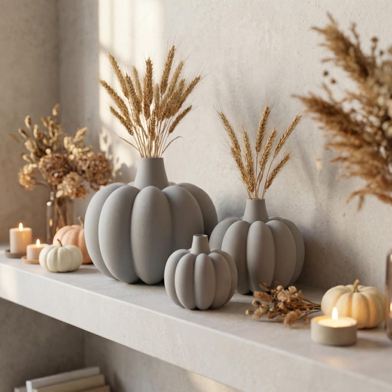Vase Citrouille Côtelé Velouté pour Fleurs Séchées, Décoration Automne Halloween, Impression 3D