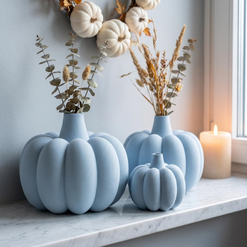 Vase Citrouille Côtelé Velouté pour Fleurs Séchées, Décoration Automne Halloween, Impression 3D