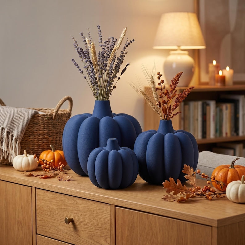 Vase Citrouille Côtelé Velouté pour Fleurs Séchées, Décoration Automne Halloween, Impression 3D