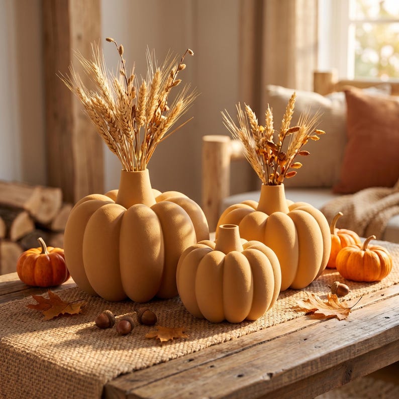 Vase Citrouille Côtelé Velouté pour Fleurs Séchées, Décoration Automne Halloween, Impression 3D