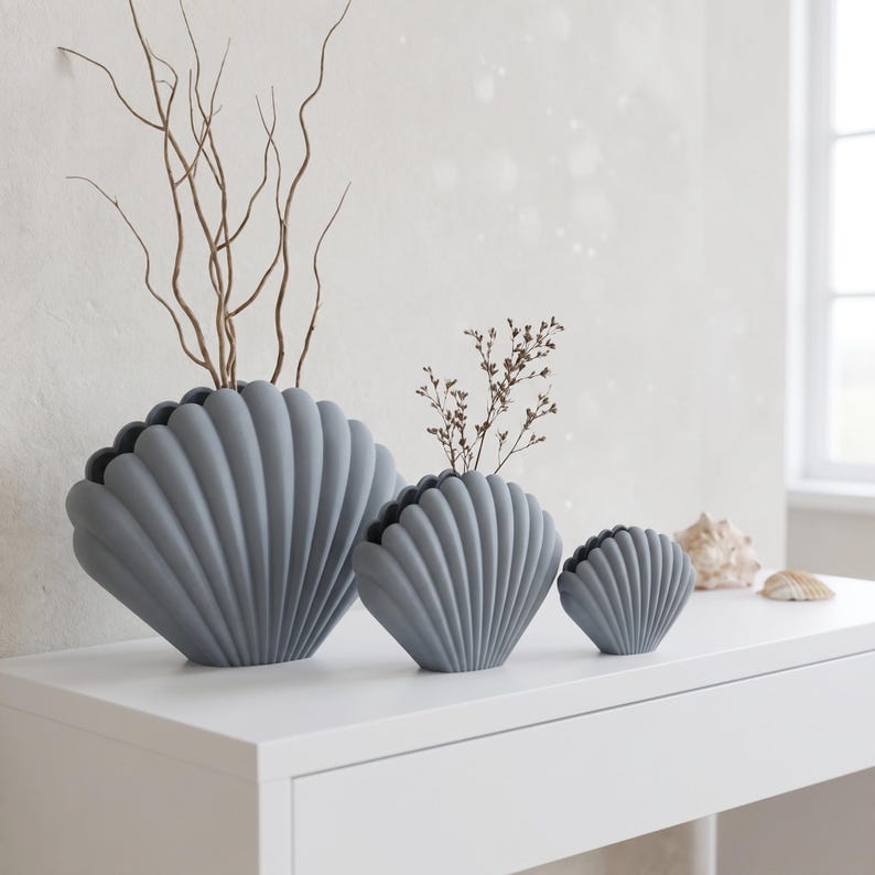 Vase décoratif coquille Saint-Jacques pour fleurs séchées, impression 3D, blanc ivoire