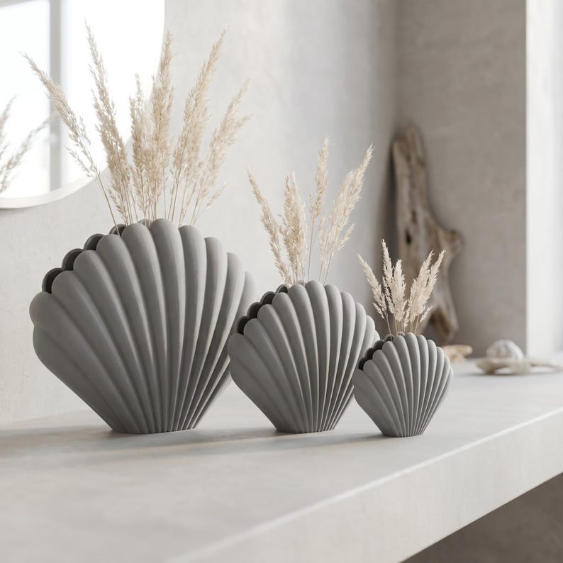 Vase décoratif coquille Saint-Jacques pour fleurs séchées, impression 3D, blanc ivoire