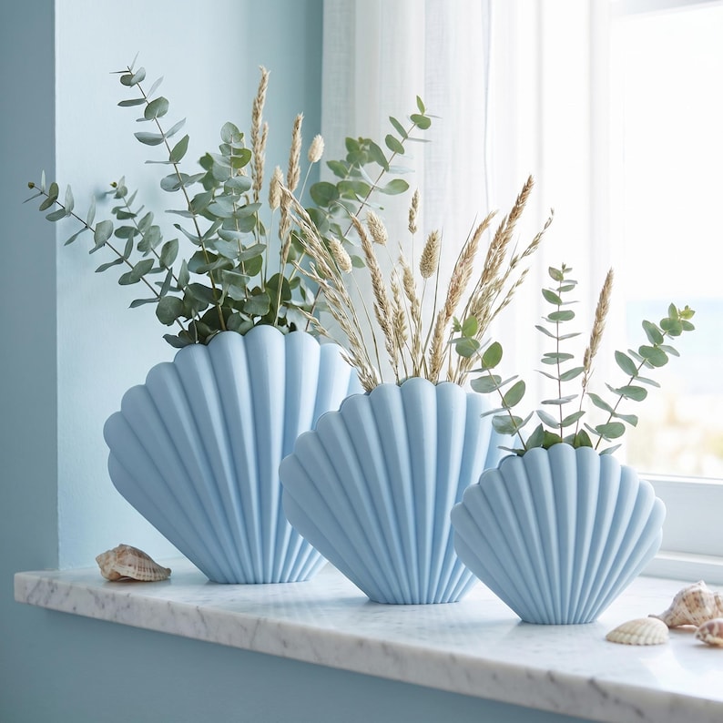 Vase décoratif coquille Saint-Jacques pour fleurs séchées, impression 3D, blanc ivoire