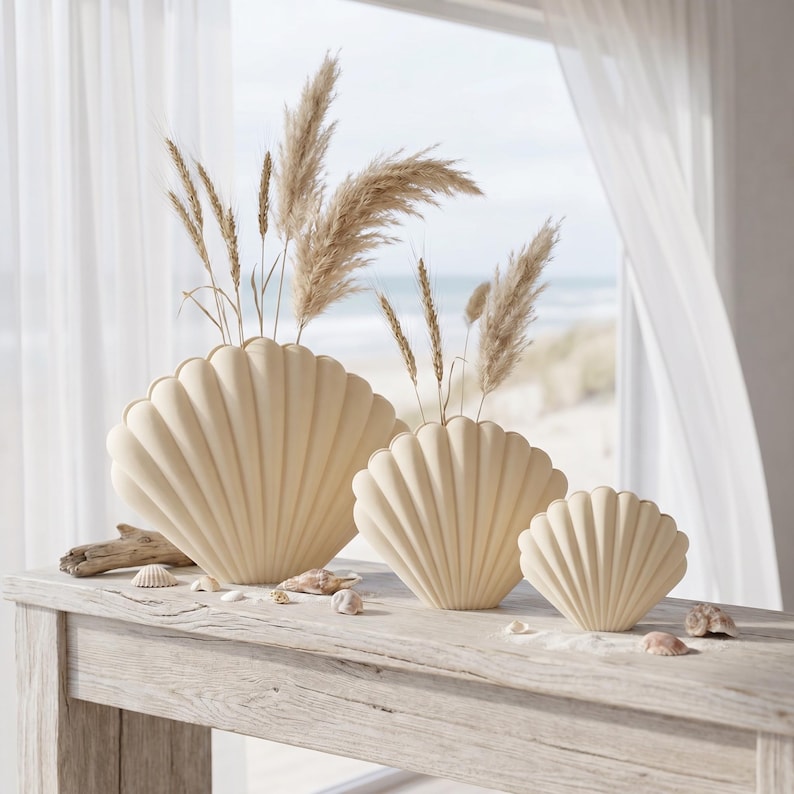Vase décoratif coquille Saint-Jacques pour fleurs séchées, impression 3D, blanc ivoire