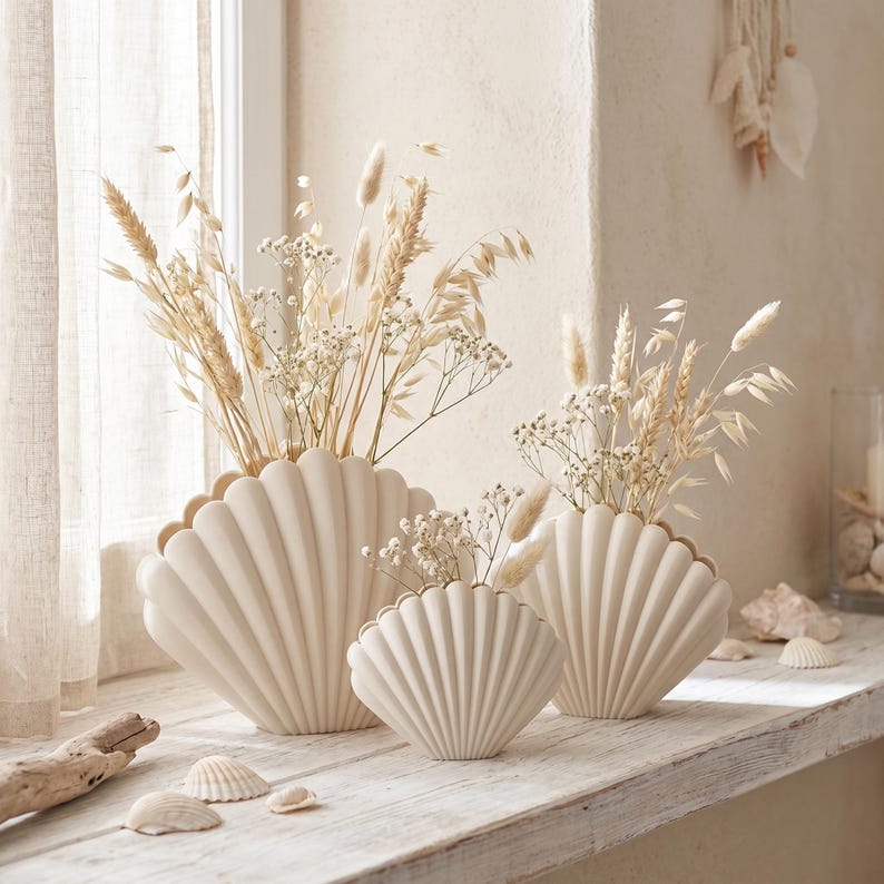 Vase décoratif coquille Saint-Jacques pour fleurs séchées, impression 3D, blanc ivoire