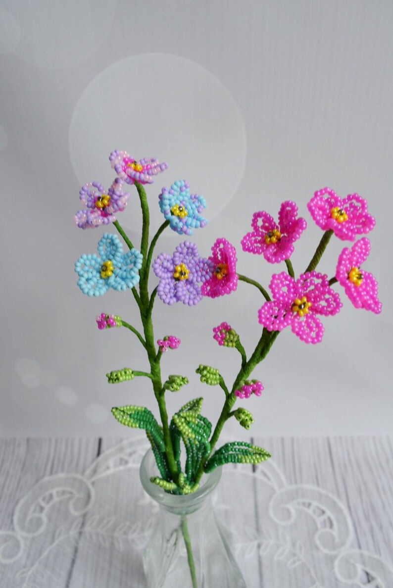 Branche de myosotis en perles françaises, décoration florale 35 cm