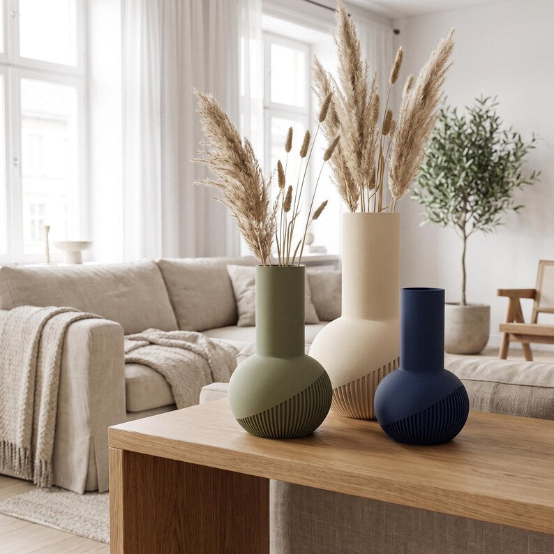 Vase Tama lisse | Vase rond à col haut | Impression 3D | Bande rainurée en spirale