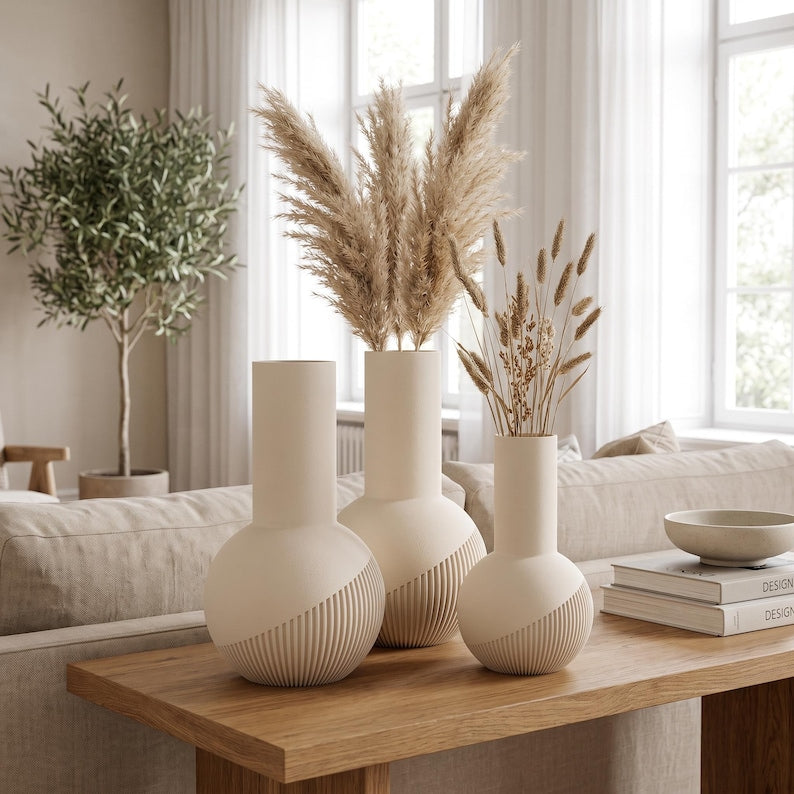 Vase Tama lisse | Vase rond à col haut | Impression 3D | Bande rainurée en spirale