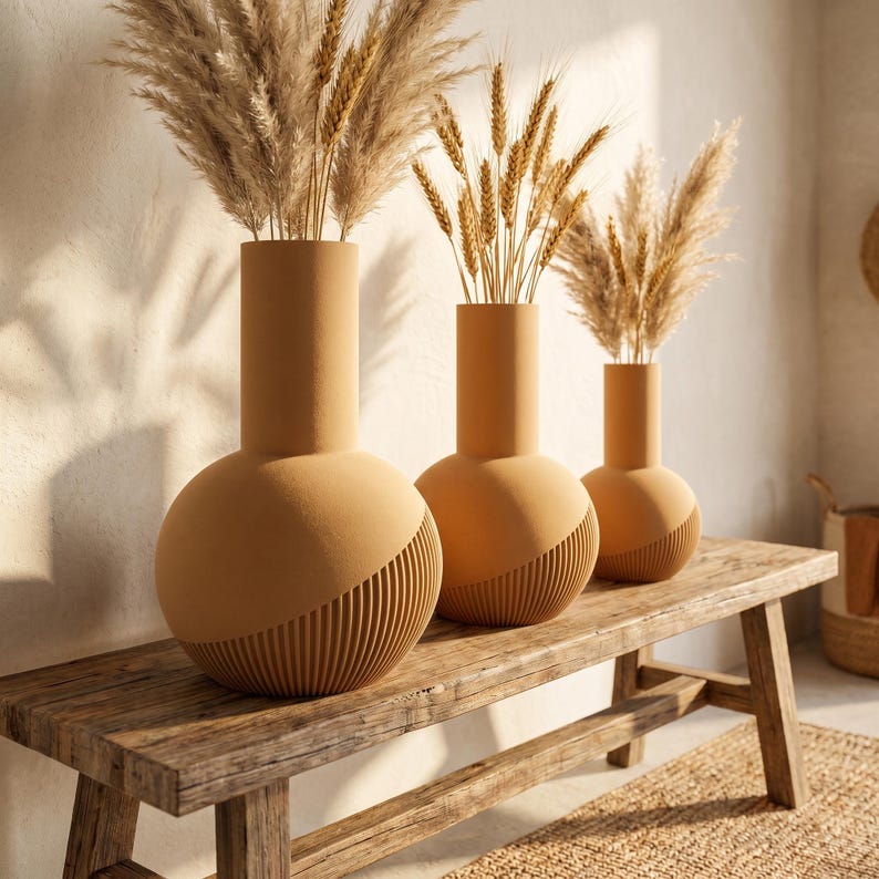Vase Tama lisse | Vase rond à col haut | Impression 3D | Bande rainurée en spirale