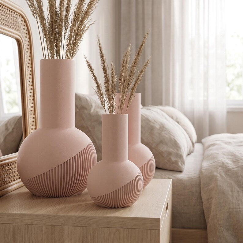 Vase Tama lisse | Vase rond à col haut | Impression 3D | Bande rainurée en spirale