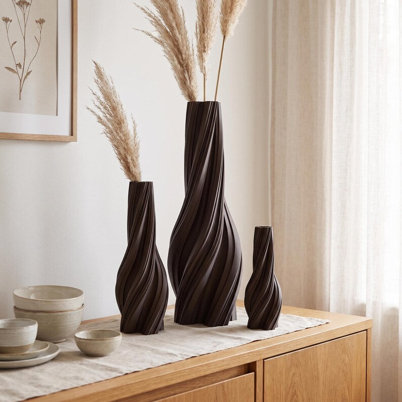 Vase torsadé en spirale imprimé en 3D, décoratif pour fleurs séchées, style japonais bohème, mat, 11-25 cm