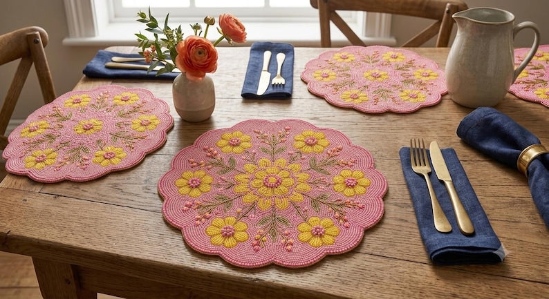 Set de table rond floral rose et jaune à perles de verre, fait main