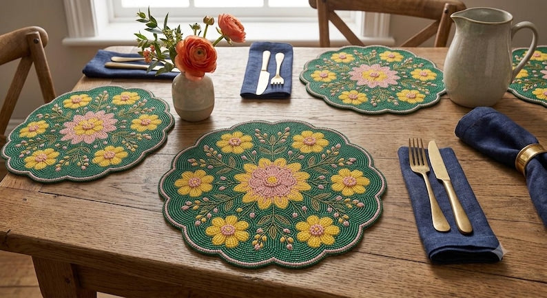 Set de table rond floral rose et jaune à perles de verre, fait main