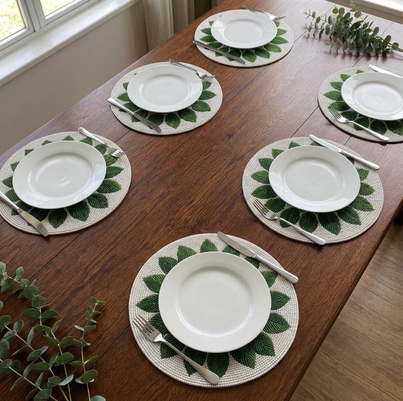 Set de table rond en perles de verre avec motif cerises, 13 pouces, blanc rose rouge