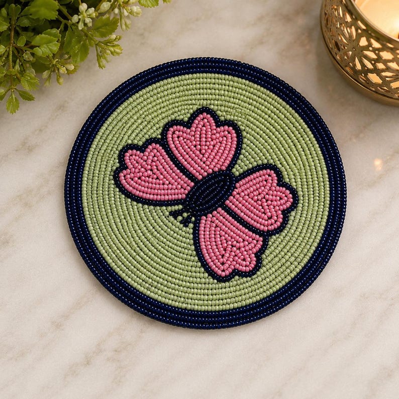Ensemble de dessous de verre en perles fait main, motif papillon floral rose, décoration de table bohème, 6 pièces