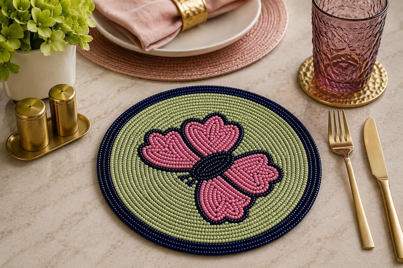 Ensemble de dessous de verre en perles fait main, motif papillon floral rose, décoration de table bohème, 6 pièces
