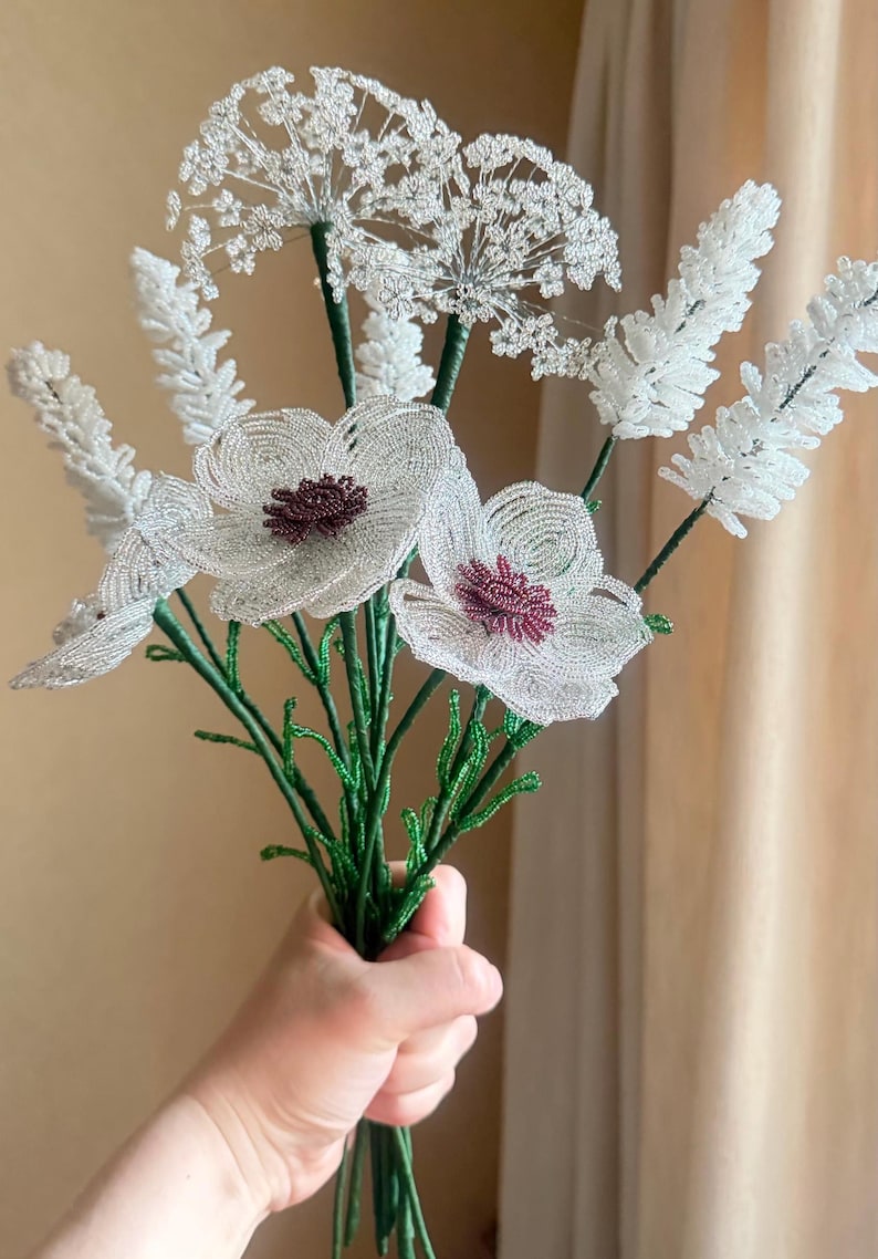 Bouquet de 10 fleurs perlées blanches, décoration intérieure française
