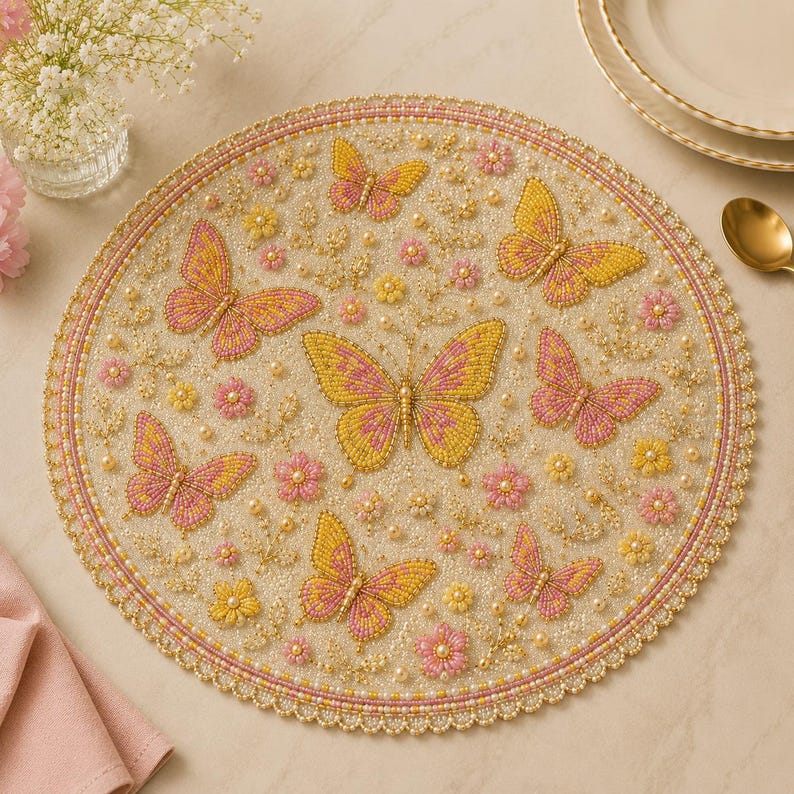 Napperon Rond en Perles Fait Main Motif Papillon Rose Jaune 13 Pouces