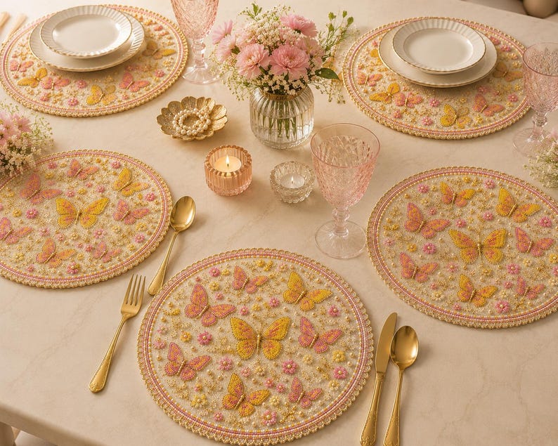 Napperon Rond en Perles Fait Main Motif Papillon Rose Jaune 13 Pouces