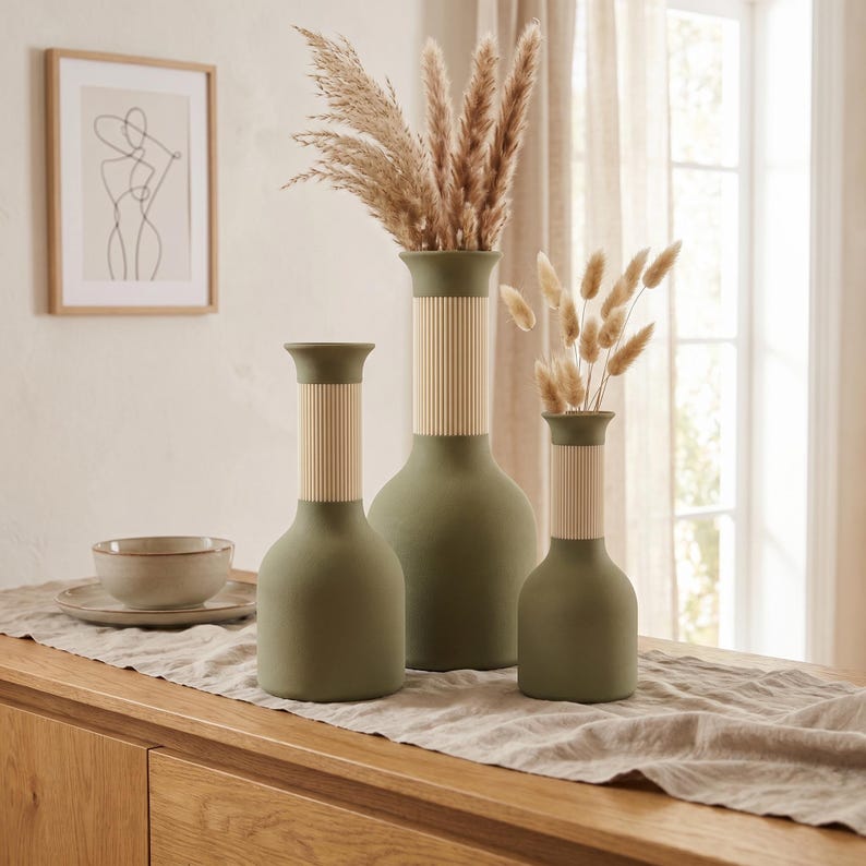 Vase carafe bicolore imprimé 3D, col côtelé, fini mat velouté, imperméable avec insert PETG, style bohème japonais, 24,5 cm