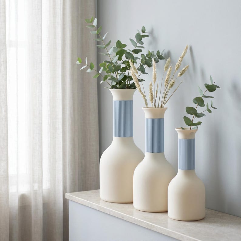 Vase carafe bicolore imprimé 3D, col côtelé, fini mat velouté, imperméable avec insert PETG, style bohème japonais, 24,5 cm