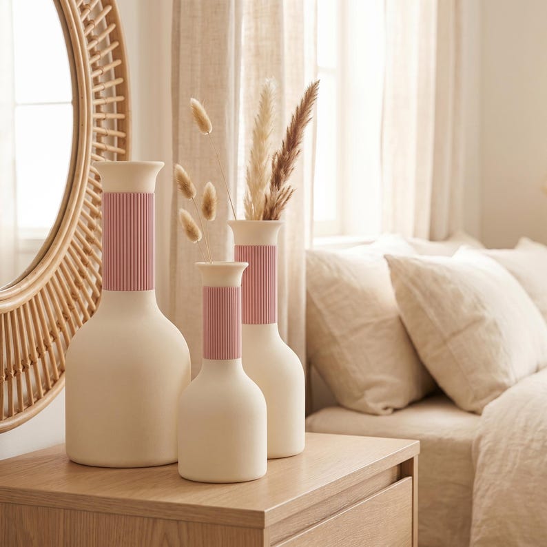 Vase carafe bicolore imprimé 3D, col côtelé, fini mat velouté, imperméable avec insert PETG, style bohème japonais, 24,5 cm