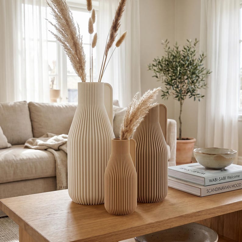 Vase minimaliste à rebord | Vase rainuré architectural pour fleurs séchées