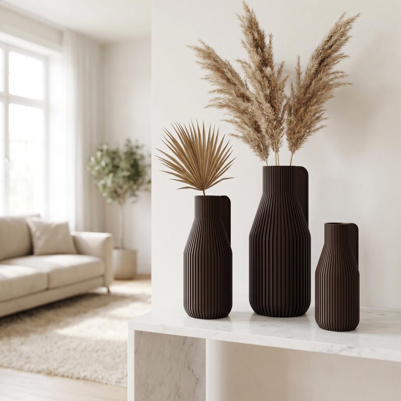 Vase minimaliste à rebord | Vase rainuré architectural pour fleurs séchées