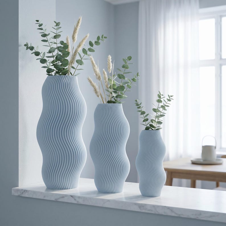 Vase Vague Moderne Texturé Ondulé pour Fleurs Séchées, Fait Main par Impression 3D, 5 Tailles
