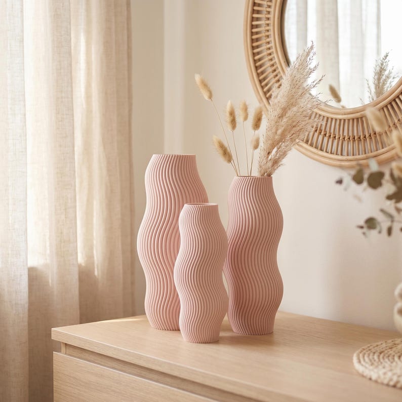 Vase Vague Moderne Texturé Ondulé pour Fleurs Séchées, Fait Main par Impression 3D, 5 Tailles