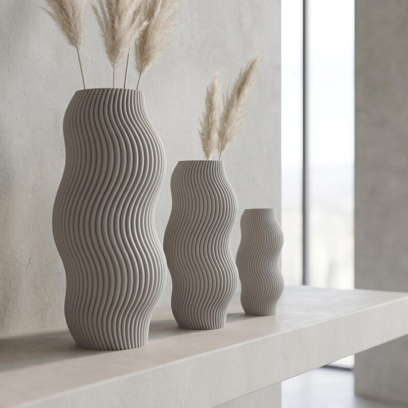 Vase Vague Moderne Texturé Ondulé pour Fleurs Séchées, Fait Main par Impression 3D, 5 Tailles
