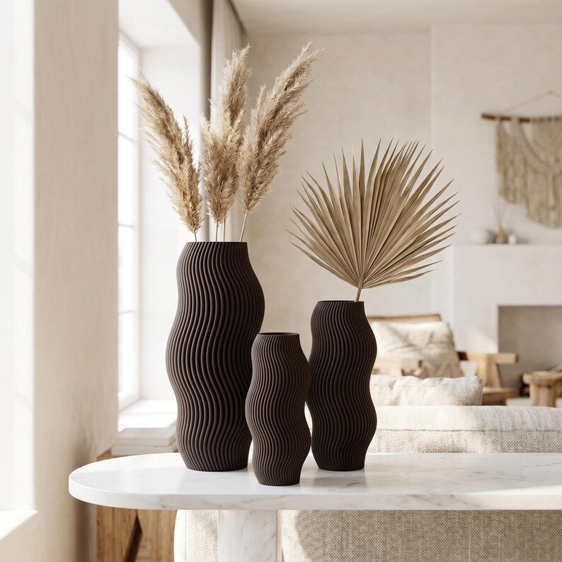 Vase Vague Moderne Texturé Ondulé pour Fleurs Séchées, Fait Main par Impression 3D, 5 Tailles