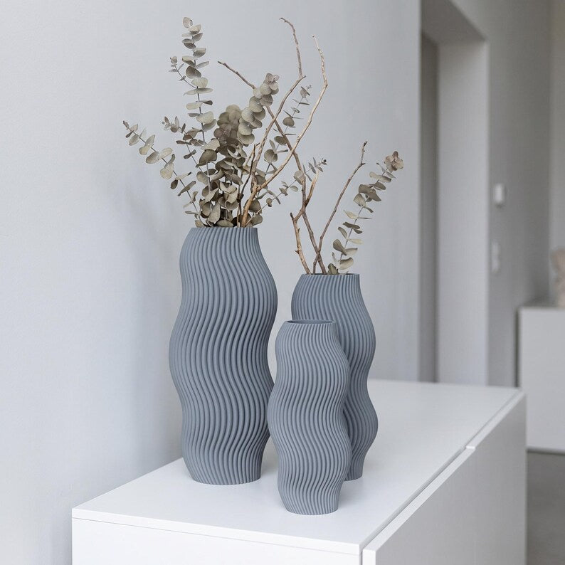 Vase Vague Moderne Texturé Ondulé pour Fleurs Séchées, Fait Main par Impression 3D, 5 Tailles