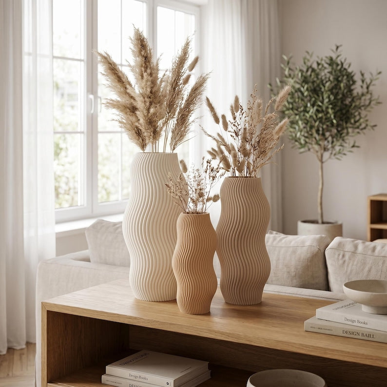 Vase Vague Moderne Texturé Ondulé pour Fleurs Séchées, Fait Main par Impression 3D, 5 Tailles