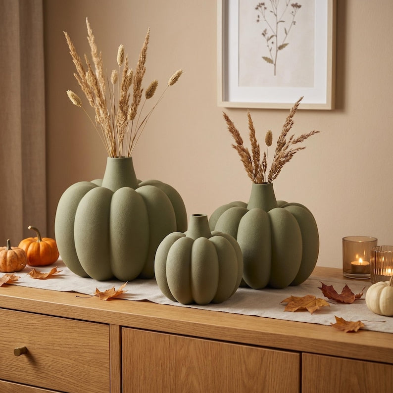 Vase Citrouille Côtelé Velouté pour Fleurs Séchées, Décoration Automne Halloween, Impression 3D