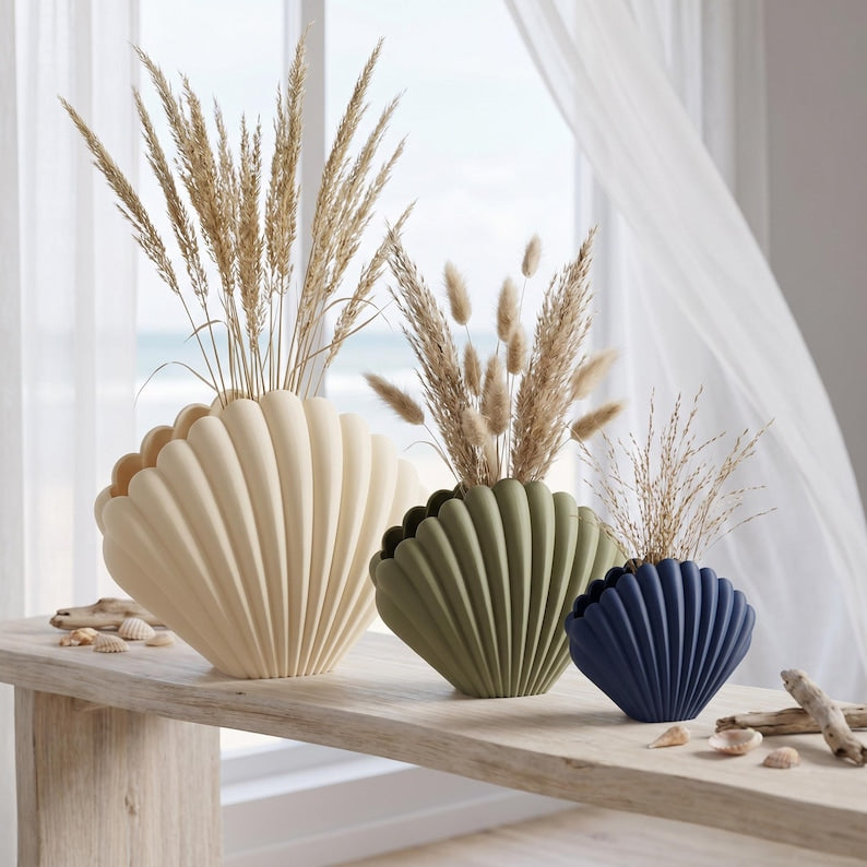 Vase décoratif coquille Saint-Jacques pour fleurs séchées, impression 3D, blanc ivoire