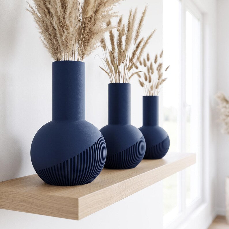 Vase Tama lisse | Vase rond à col haut | Impression 3D | Bande rainurée en spirale
