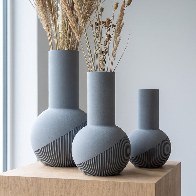 Vase Tama lisse | Vase rond à col haut | Impression 3D | Bande rainurée en spirale