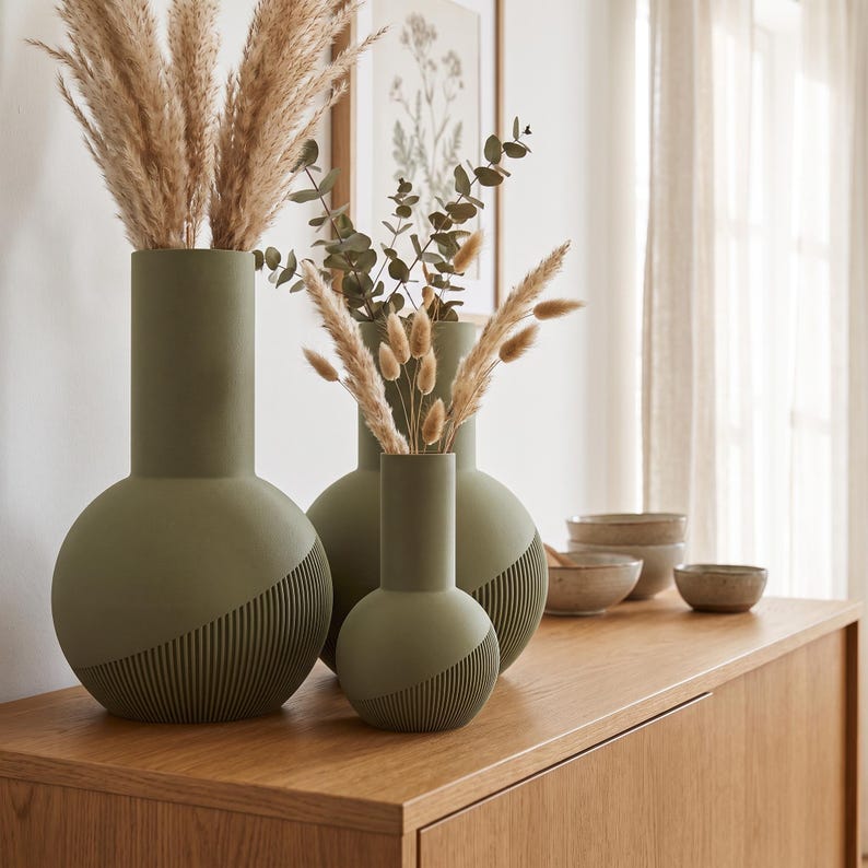 Vase Tama lisse | Vase rond à col haut | Impression 3D | Bande rainurée en spirale