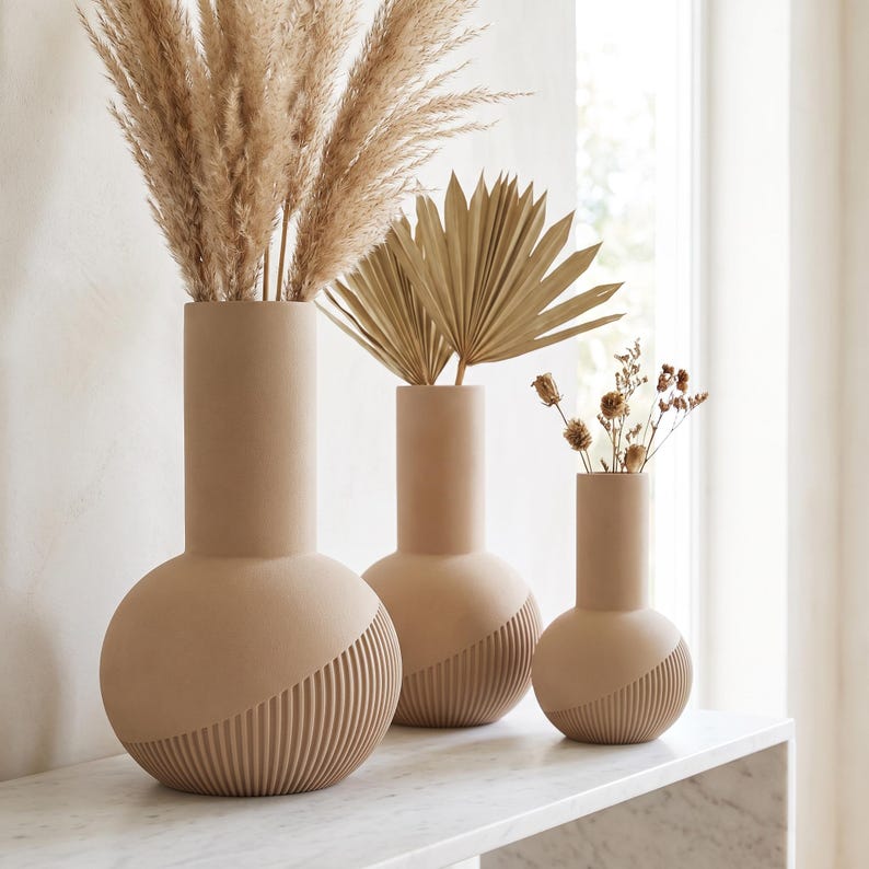 Vase Tama lisse | Vase rond à col haut | Impression 3D | Bande rainurée en spirale